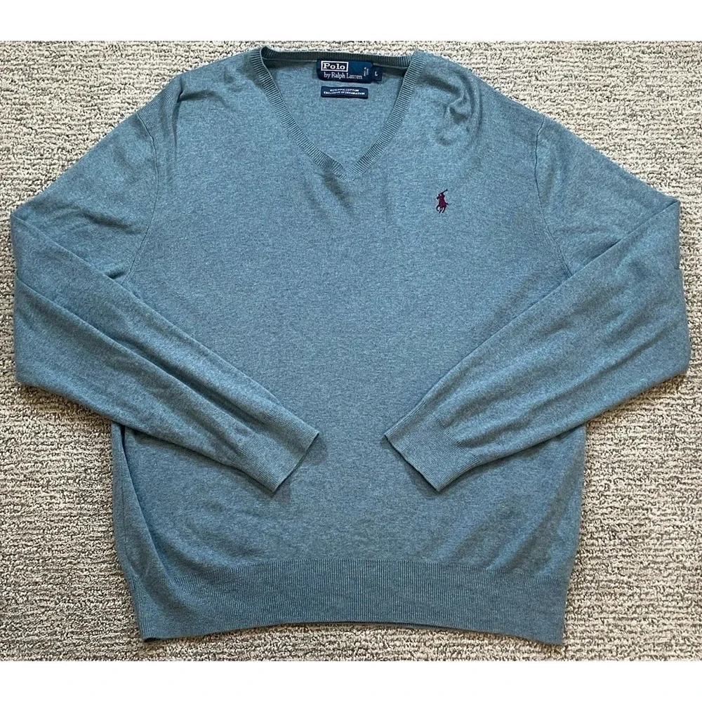 Polo Ralph Lauren Sweater Mens Large V Neck Pima Cotton Knit Teal Classic